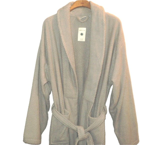 Linum Home Textiles Turkish Robe UNISEX L/XL Tan-Gray Herringbone Cotton NEW - Picture 1 of 7